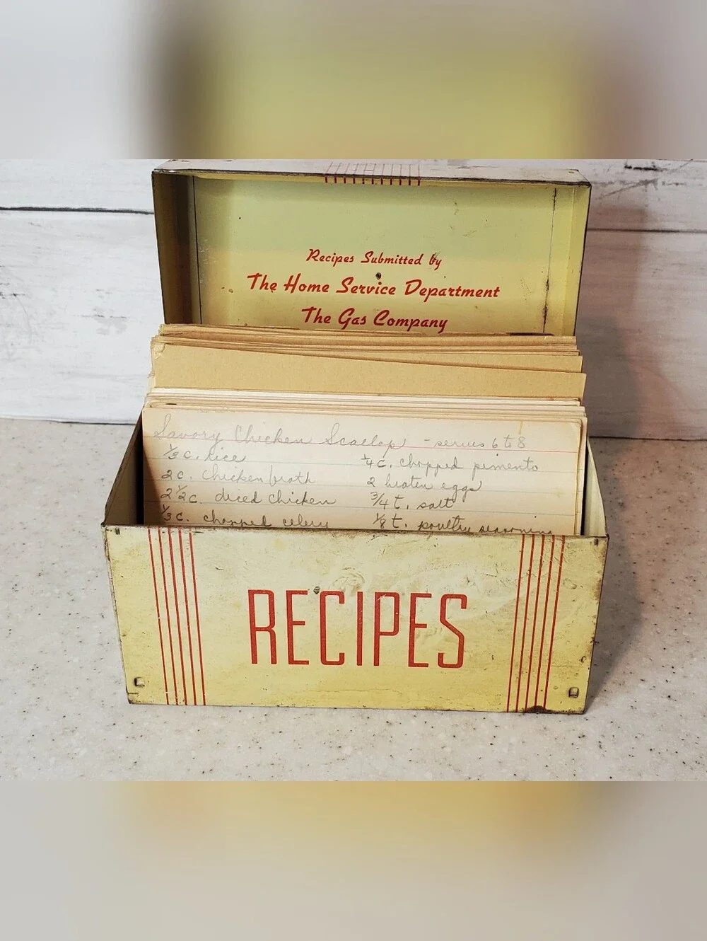 Vintage Metal Recipe Box w/ Vintage Recipe Cards & Dividers Art Deco Kitchen Sto